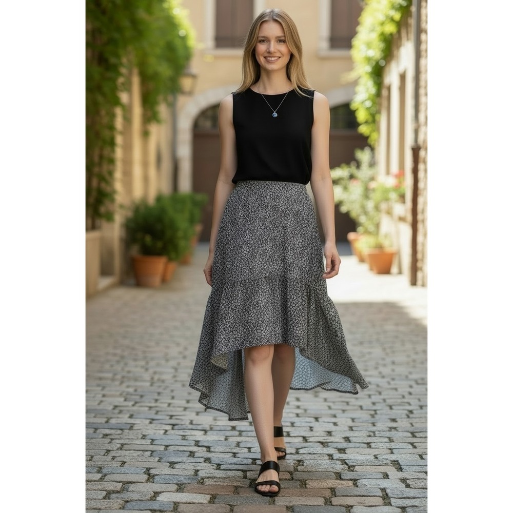 Originality Black White Floral High-Low Hem Ruffle Midi/Maxi Skirt Pull On XS